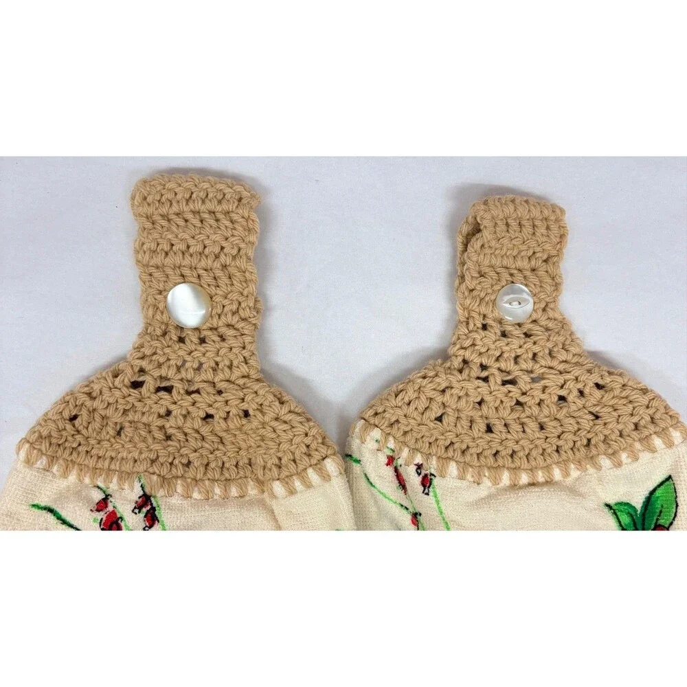 Vintage Mushroom Hanging Kitchen Hand Towels Crocheted 1970s Grannycore Pair